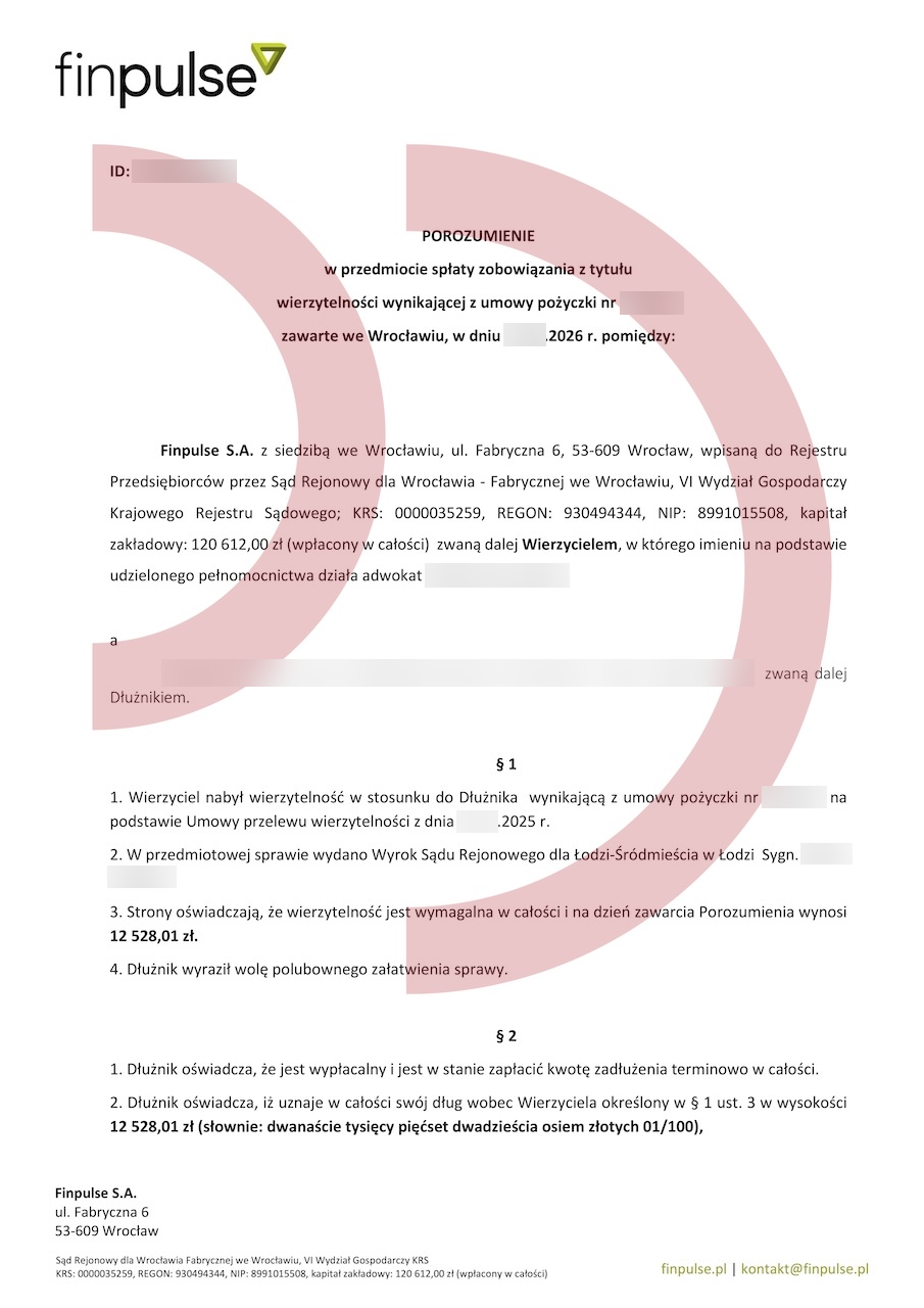 Porozumienie ratalne Finpulse – kwota 12 528,01 zł i informacja o wyroku, dokument po anonimizacji