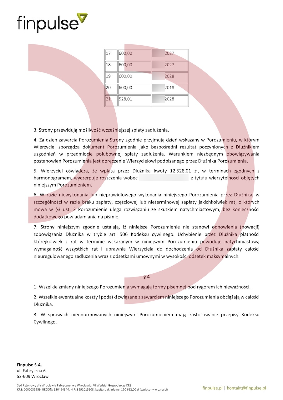 Porozumienie ratalne Finpulse – ostatnia rata 528,01 zł i warunki wykonania ugody, dokument po anonimizacji