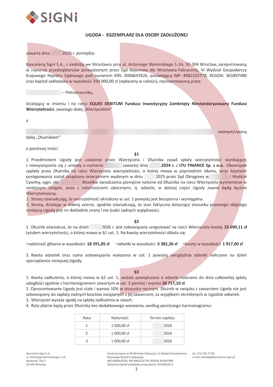 Ugoda na raty z Eques Debitum – saldo zadłużenia, oprocentowanie i początek harmonogramu po anonimizacji