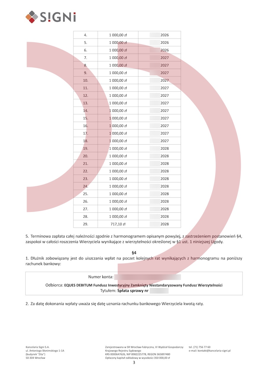 Ugoda na raty z Eques Debitum – harmonogram 29 rat po anonimizacji danych i dat