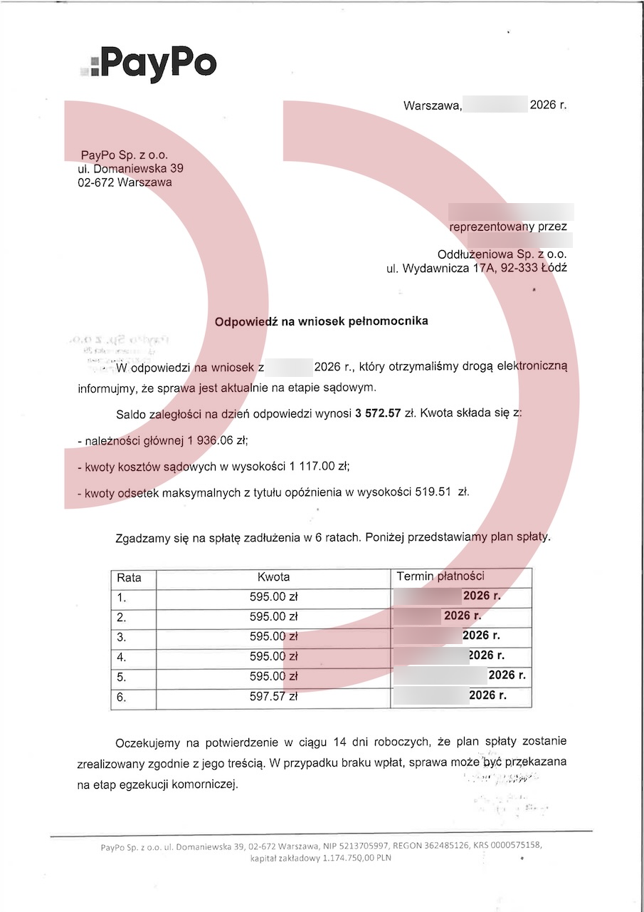 Ugoda z PayPo – saldo 3 572,57 zł i harmonogram sześciu rat, dokument po anonimizacji