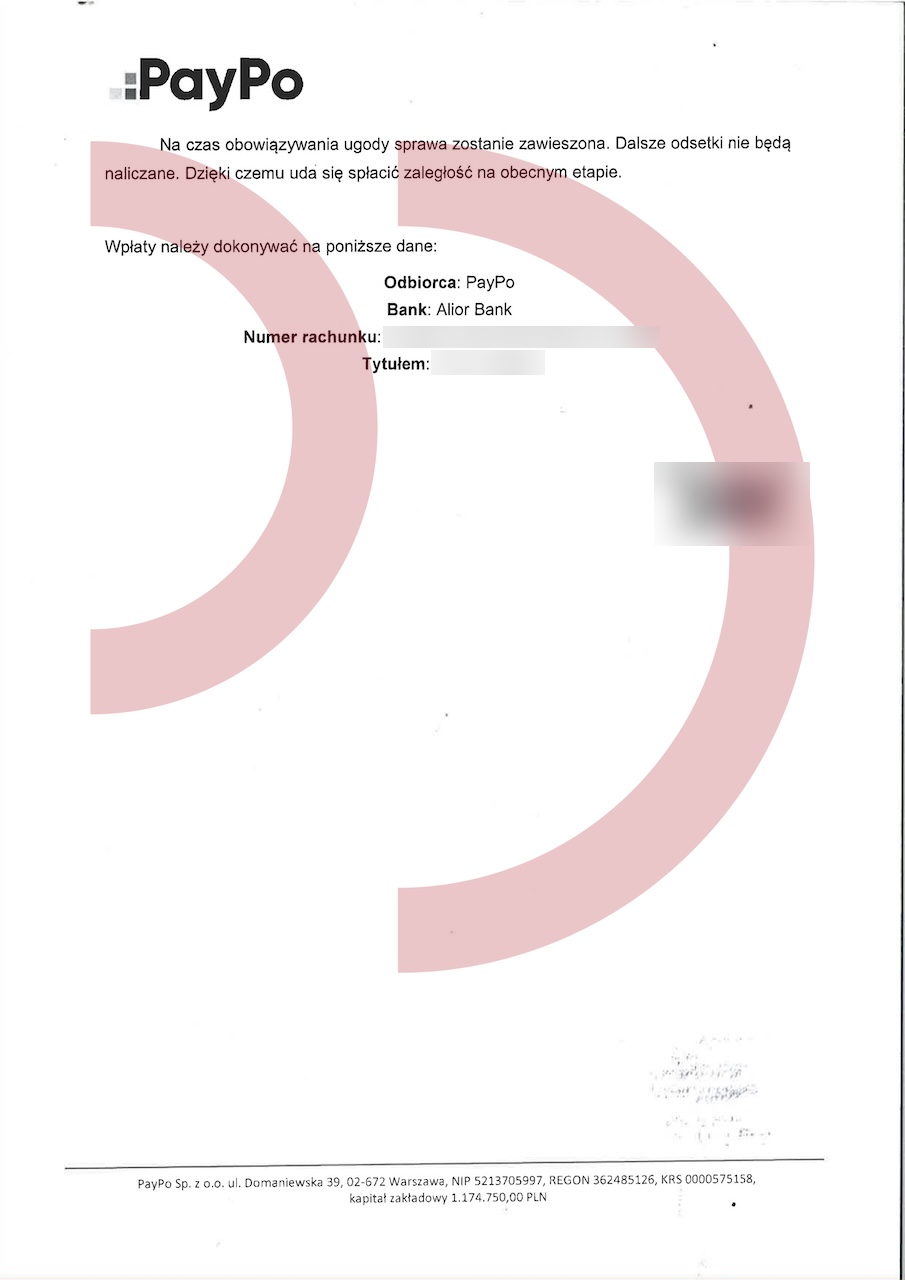 Ugoda z PayPo – deklaracja zawieszenia sprawy i nienaliczania dalszych odsetek, dokument po anonimizacji