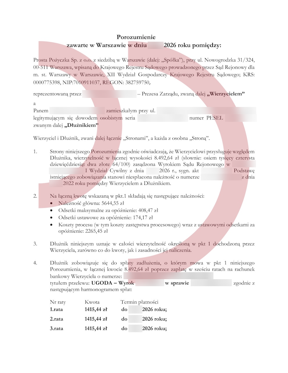 Ugoda Prosta Pożyczka – kwota zadłużenia i pierwsze trzy raty po anonimizacji